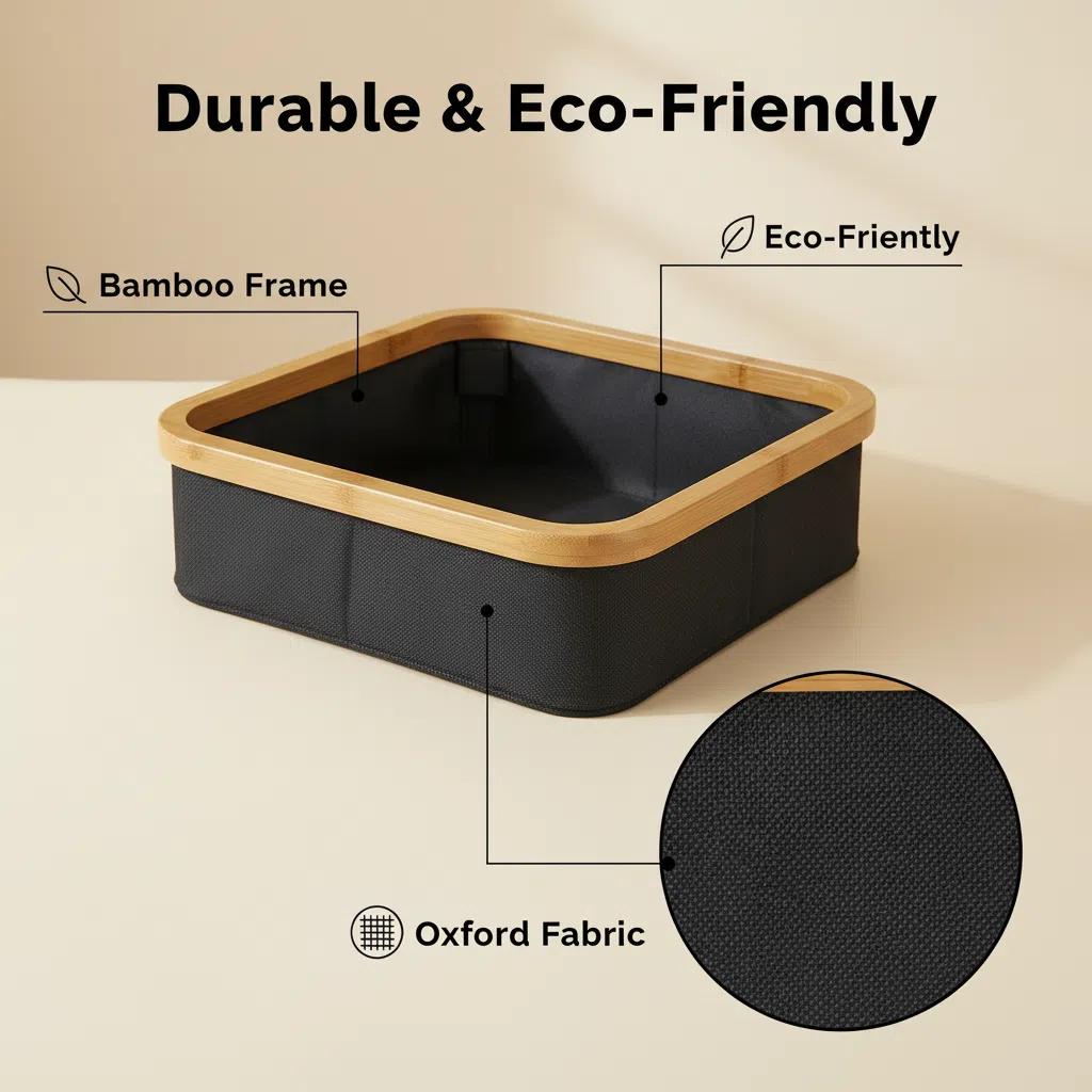 Organizador de Mesa Compartimentos de Bambú y Tela para Joyería y Pequeños Objetos