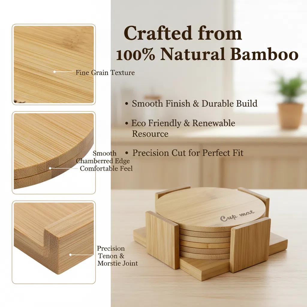 Posavasos de Bambú RS02183 con Soporte Organizador Antideslizante para Mesa Decorativos y Protectoras de Madera Clara 11cm×11cm×0.44cm