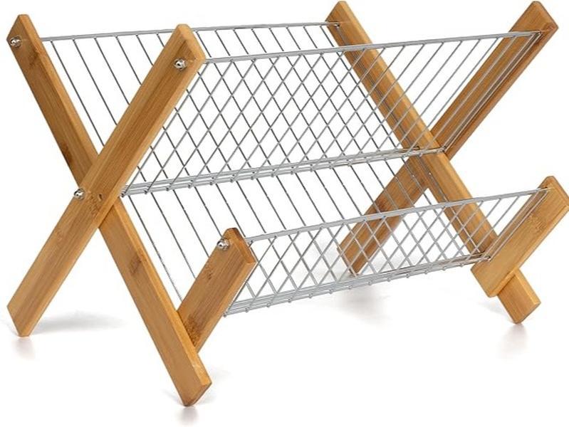 Escurridor Plegable de Bambú y Metal de Doble Nivel para Platos y Cuencos 33cm×38cm×26cm Solución Ideal para Organizar la Cocina Moderna y Minimalista