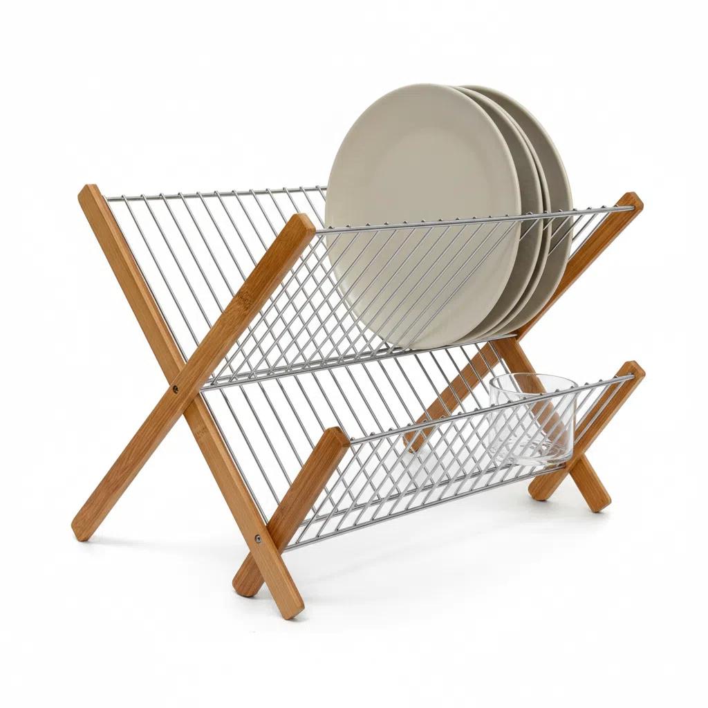 Escurridor Plegable de Bambú y Metal de Doble Nivel para Platos y Cuencos 33cm×38cm×26cm Solución Ideal para Organizar la Cocina Moderna y Minimalista