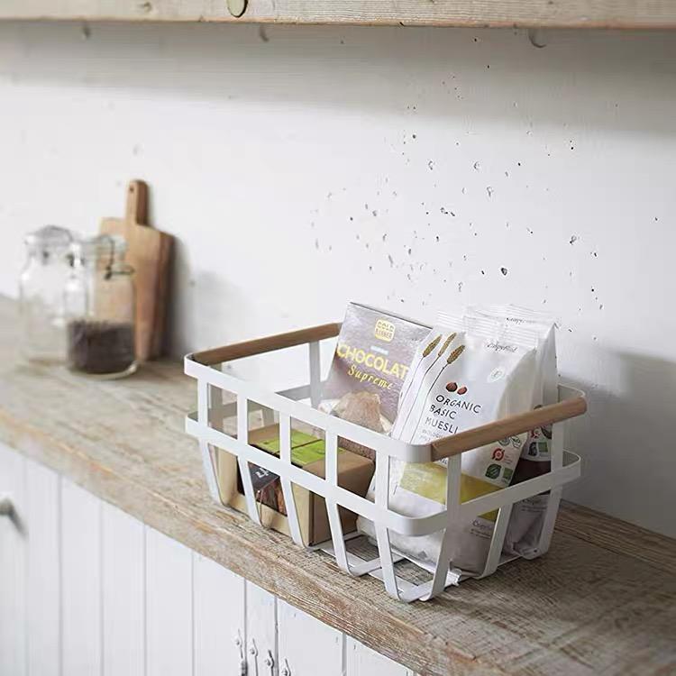 Cesta Organizadora Estilo Ins con Mango de Madera Natural Bandeja Multifunción para Frutas y Snacks Caja de Almacenamiento Nórdica para Cocina y Sala de Estar