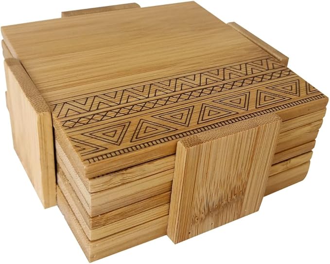 Set de posavasos de bambú con organizador 6 piezas diseño geométrico protector de mesa Bandejita de madera