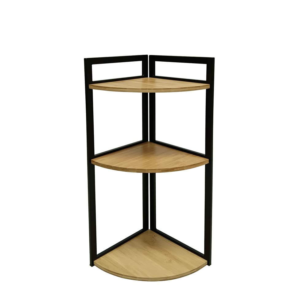 LIN HOME XZ-22123 plank van natuurlijk hout, piramide met metalen frame voor badkamer, kast, wasruimte, multifunctioneel 3 niveaus de almacenamiento de metal resistente a los arañazos alimentos y bebidas soportes y estanterías electrónica